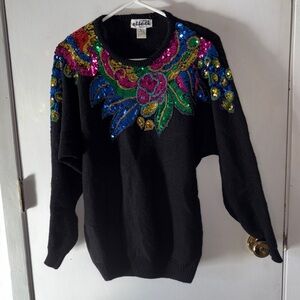 Creazioni Effeci black crewneck sweater multicolored sequins beading Size Small
